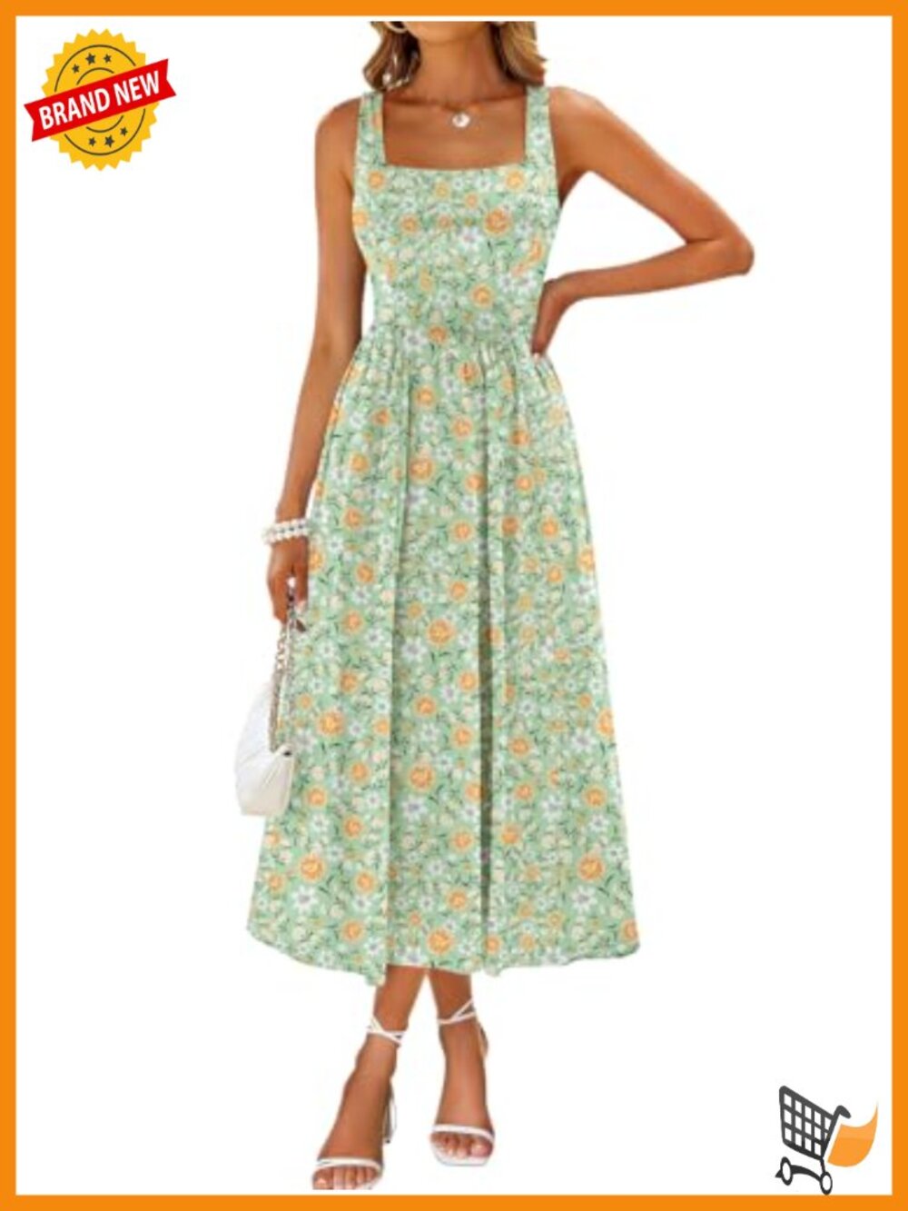 Women's Midi Dress Square Neck Sleeveless A-Line Casual Sundress with Pockets